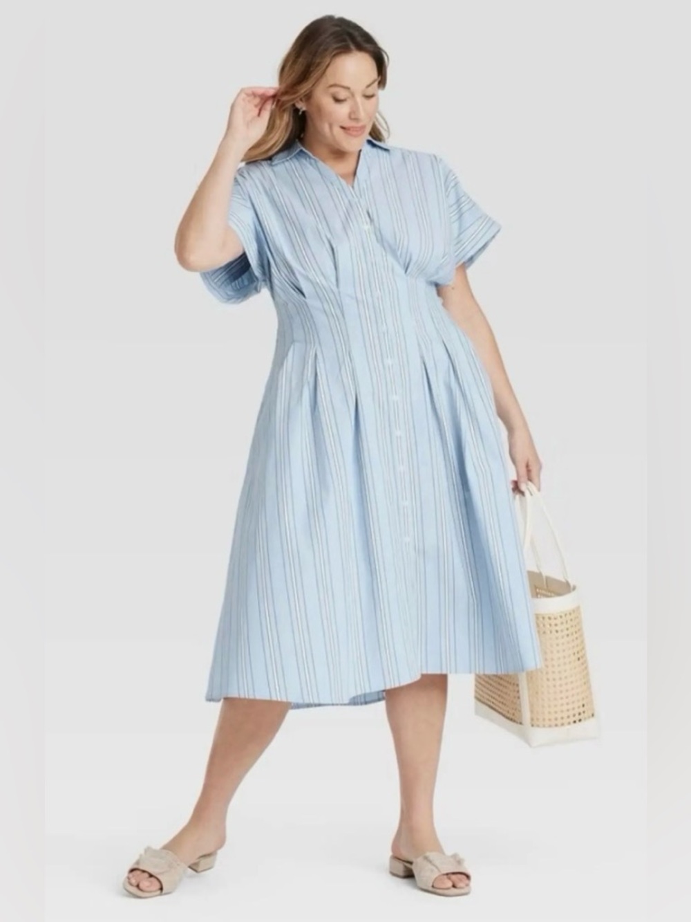 Ava & Viv Blue and White Striped Button-Front Midi Dress